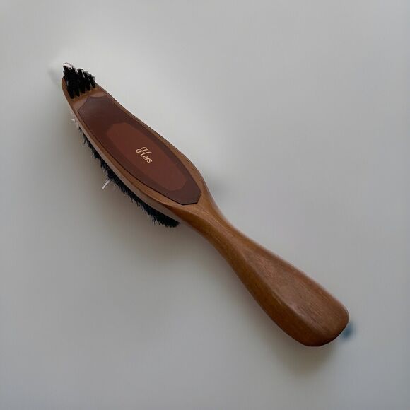 Vintage Wood Lint Clothes Brush HERS Leather w Shoe Horn Handle Double Sided - Picture 3 of 6